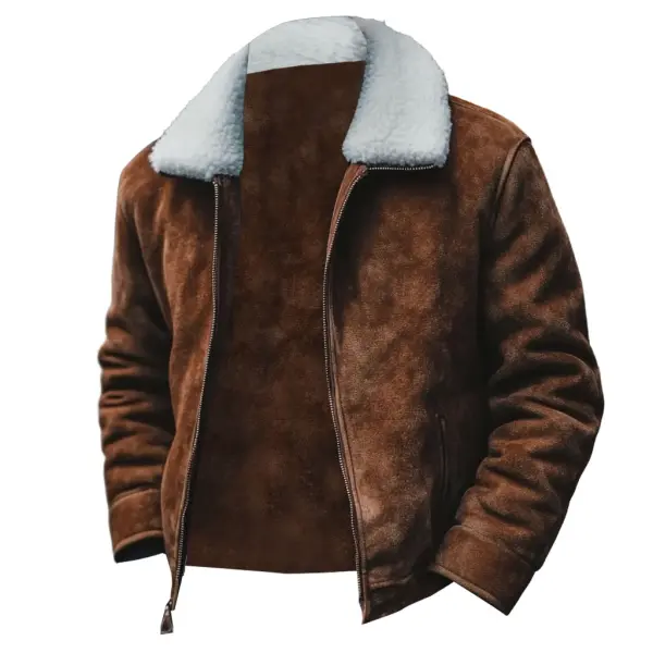 Men's Vintage Suede Pocket Polar Fleece Lapel Collar Outdoor Motorcycle Jacket - Menzfolk.com 