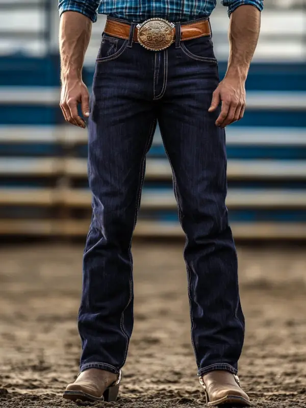 Men's Vintage Western Cowboy Denim Pocket Relaxed Fit Jeans Pants - Menwyx.com 