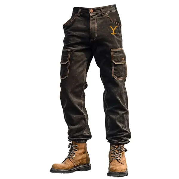 Men's Vintage Yellowstone Western Cowboy Outdoor Multi-pocket Cargo Jeans Pants - Anurvogel.com 