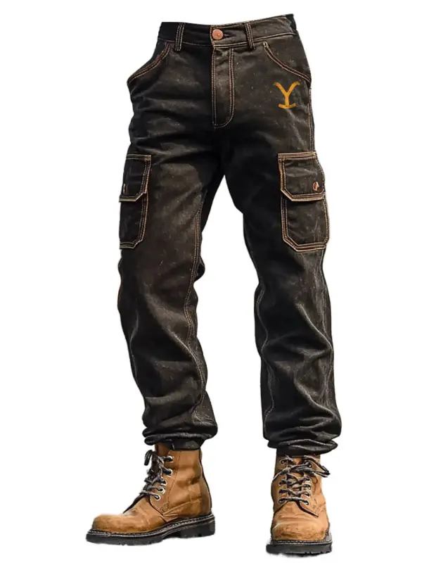 Men's Vintage Yellowstone Western Cowboy Outdoor Multi-pocket Cargo Jeans Pants - Menwyx.com 