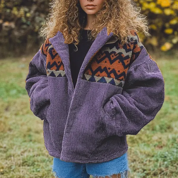 Women's Vintage Ethnic Corduroy Hooded Jacket - Yiyistories.com 