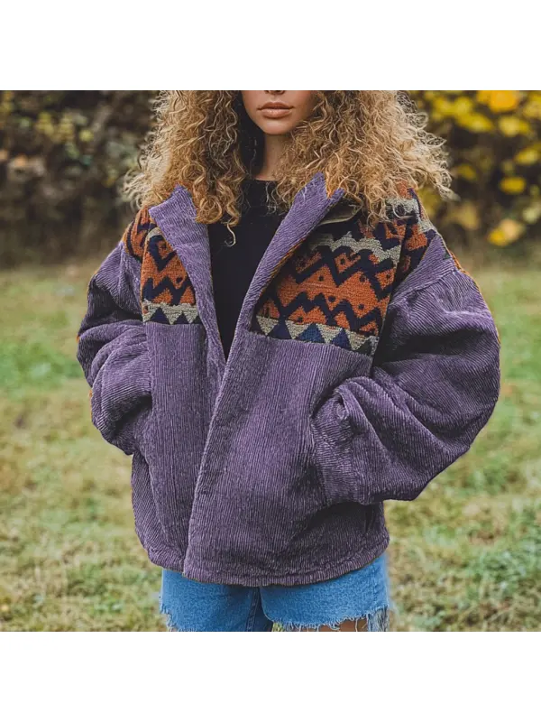 Women's Vintage Ethnic Corduroy Hooded Jacket - Ootdmw.com 