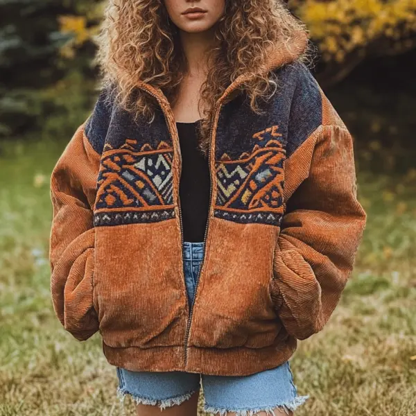 Women's Vintage Ethnic Patchwork Corduroy Hooded Jacket - Elementnice.com 