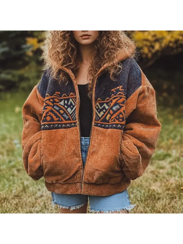 Women's Vintage Ethnic Patchwork Corduroy Hooded Jacket - Timetomy.com 