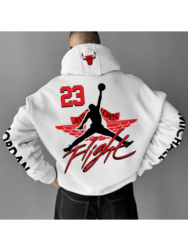 Men's Retro Basketball Sports Print Oversized Casual White Hoodie - Timetomy.com 