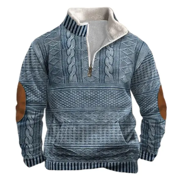 Men's Vintage 3D Print Fleece Collar Quarter Zip Stand Collar Sweatshirt - Menzfolk.com 