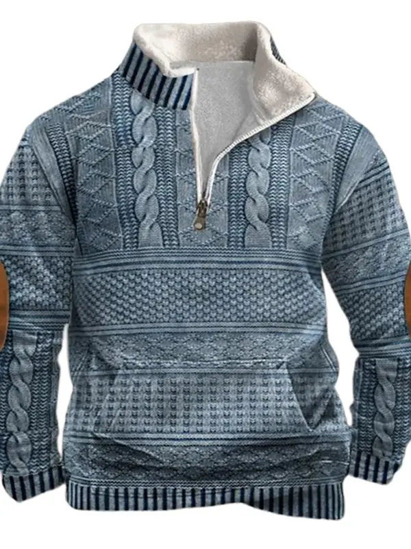 Men's Vintage 3D Print Fleece Collar Quarter Zip Stand Collar Sweatshirt - Pragmaace.com 