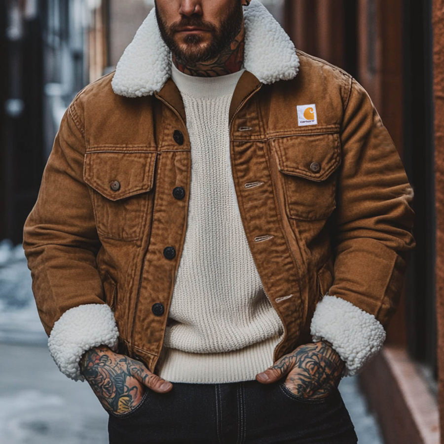 

Men's Vintage Multi-Pocket Fleece Lapel Collar Outdoor Motorcycle Work Jacket