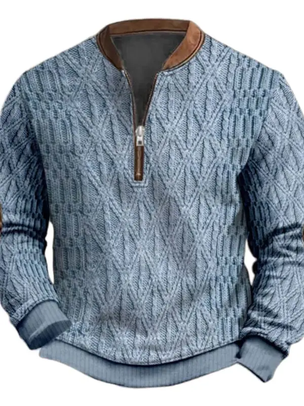 Men's Vintage 3D Print Color Block Henley Zipper Long Sleeve Sweatshirt - Wantbright.com 