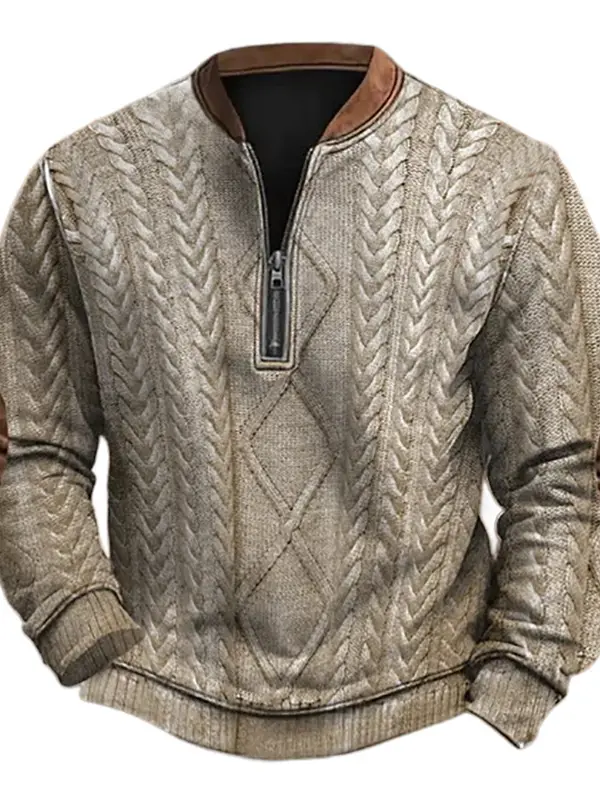 Men's Vintage 3D Print Color Block Henley Zipper Long Sleeve Sweatshirt - Menwyx.com 