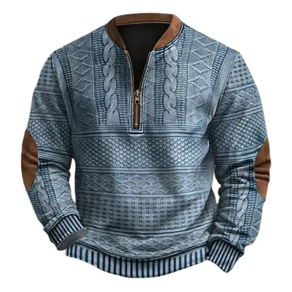 Men's Vintage 3D Print Knit Color Block Henley Zipper Long Sleeve Sweatshirt - Rabclub.com 