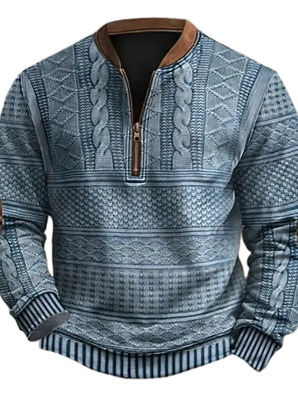 Men's Vintage 3D Print Knit Color Block Henley Zipper Long Sleeve Sweatshirt - Simplyion.com 