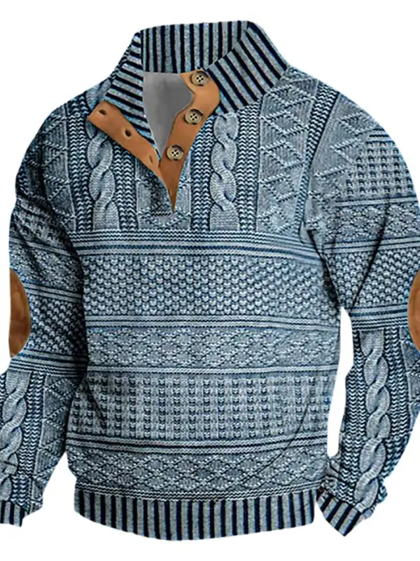 Men's Vintage 3D Print Stand Collar Buttons Sweatshirt - Simplyion.com 