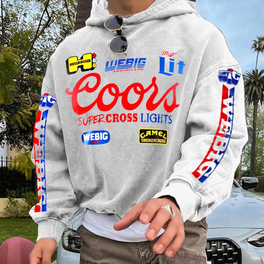 

Men's Vintage Racing Print White Oversize Hoodie