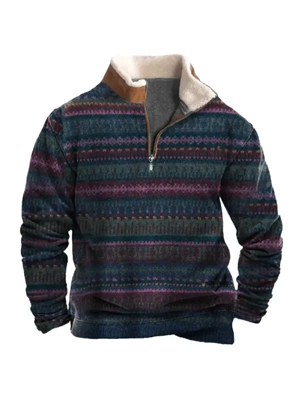 Men's Vintage Lamb Fleece Patchwork Collar Print 1/4 Zipper Sweatshirt - Anrider.com 