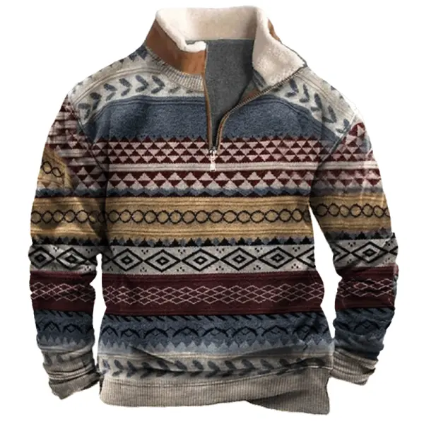 Men's Vintage Lamb Fleece Patchwork Collar Print 1/4 Zipper Sweatshirt - Menzfolk.com 