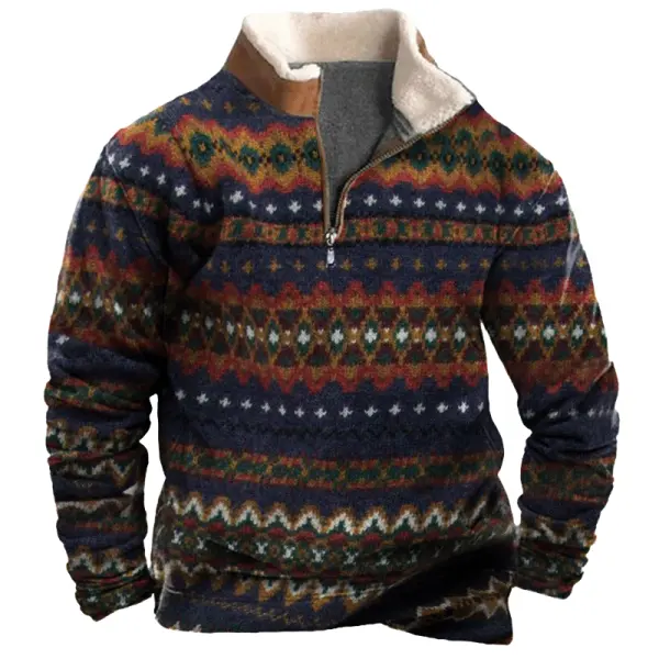 Men's Vintage Lamb Fleece Patchwork Print Collar 1/4 Zipper Sweatshirt - Rabclub.com 