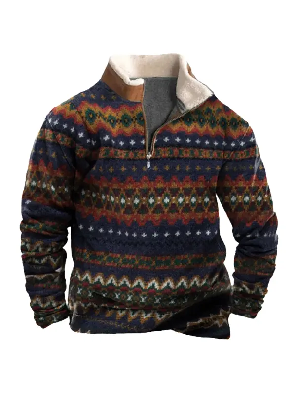 Men's Vintage Lamb Fleece Patchwork Print Collar 1/4 Zipper Sweatshirt - Anrider.com 