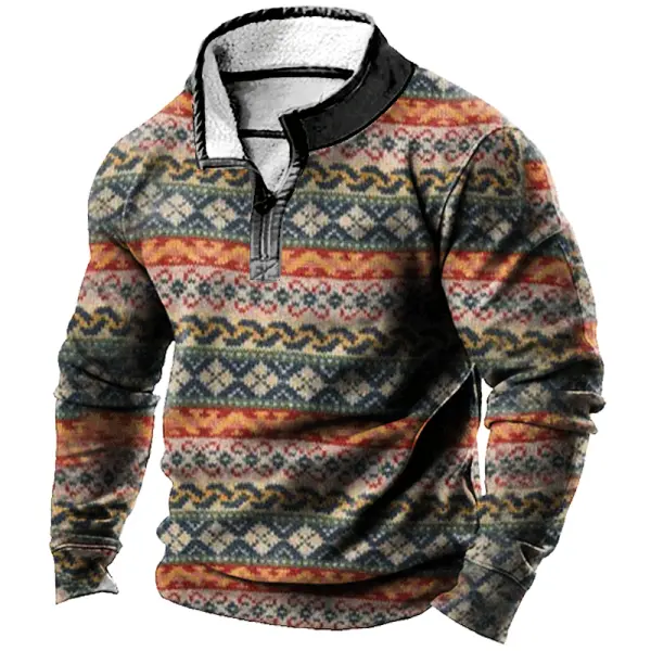 Men's Vintage Ethnic Print Round Neck Orange Green Sweatshirt - Menzfolk.com 