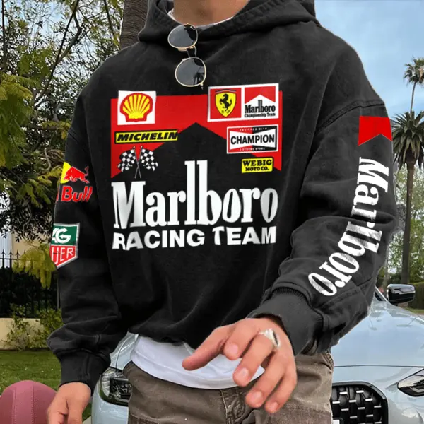 Men's Vintage Racing Print Black Oversize Hoodie - Cotosen.com 