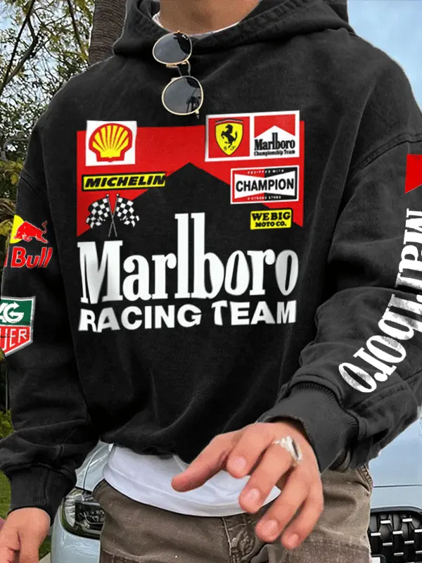 Men's Vintage Racing Print Black Oversize Hoodie - Pragmaace.com 