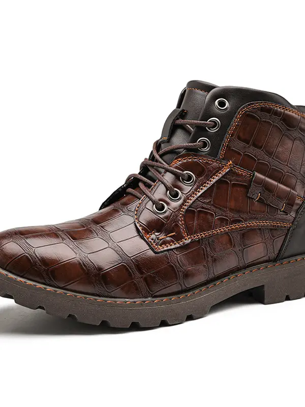 Men's Waterproof Wear-resistant Stitching Lace-up Crocodile Pattern Upper Low-cut Work Boots - Pragmaace.com 