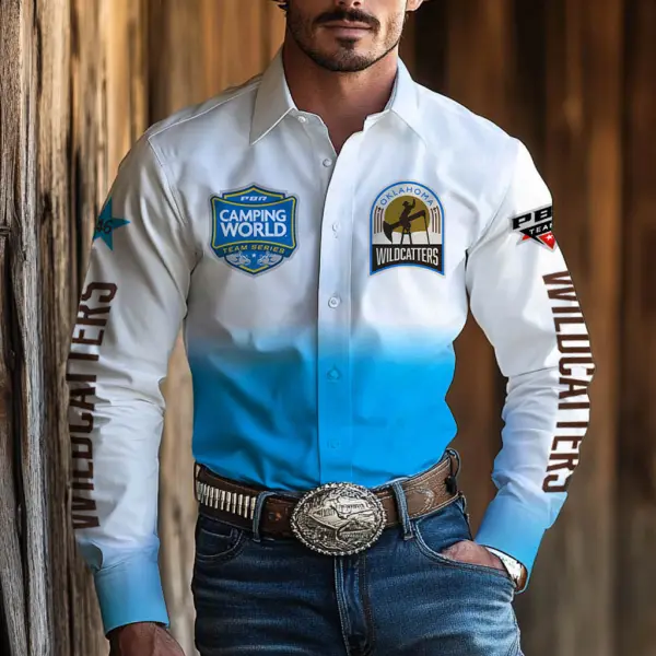 Men's Western Cowboy Outdoor PBR Teams OW Long Sleeved Blue Gradient Shirts - Wayrates.com 