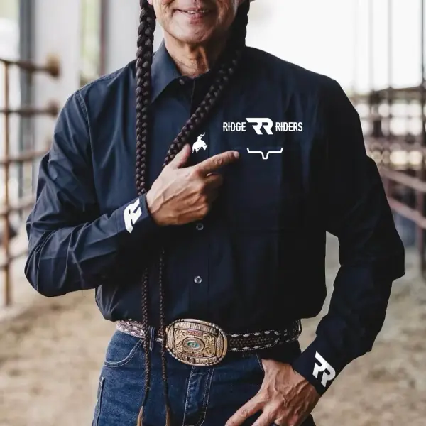 Men's Western Cowboy Outdoor PBR Teams RR Long Sleeve Dark Blue Shirts - Elementnice.com 