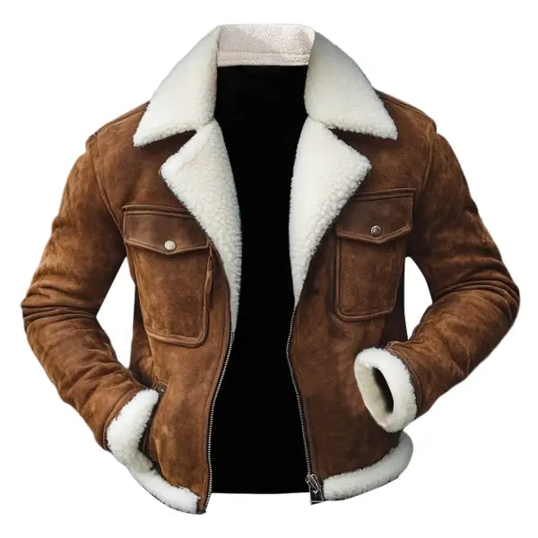 Men's Vintage Suede Multi-Pocket Fleece Lapel Collar Outdoor Motorcycle Work Jacket - Manlyhost.com 