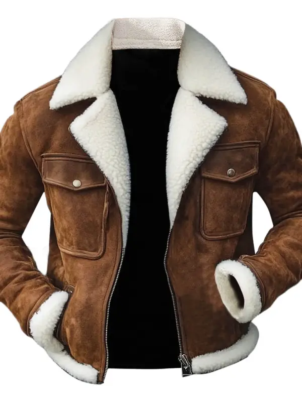 Men's Vintage Suede Multi-Pocket Fleece Lapel Collar Outdoor Motorcycle Work Jacket - Menwyx.com 