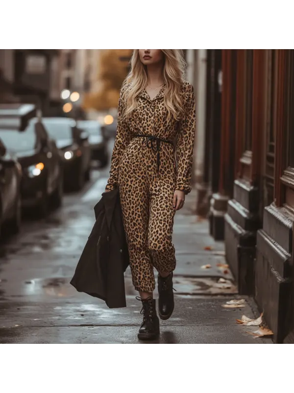 Women's Retro Elegance Leopard Print Boho Style Long Sleeve Shirt Neck Onesie - Cominbuy.com 