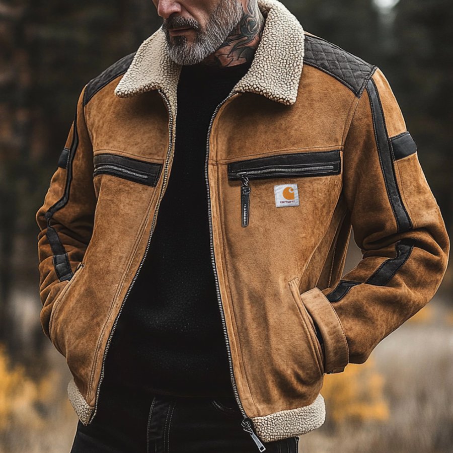 

Men's Vintage Suede Patchwork Lamb Fleece Multi-Pocket Reverse Collar Outdoor Jacket