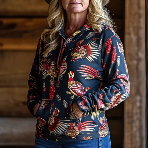 Women's Vintage Western Cowboy Turkey Printed Thanksgiving Dark Blue Hoodies - Cotosen.com 