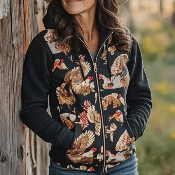 Women's Vintage Western Cowboy Turkey Printed Thanksgiving Zipper Casual Black Jacket - Wayrates.com 