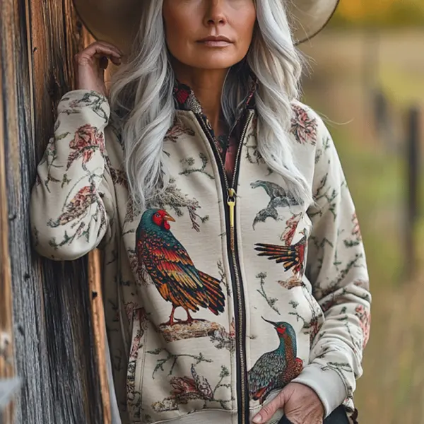 Women's Vintage Western Cowboy Turkey Printed Thanksgiving Zipper Casual Jacket - Wayrates.com 