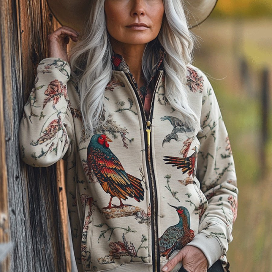 

Women's Vintage Western Cowboy Turkey Printed Thanksgiving Zipper Casual Jacket