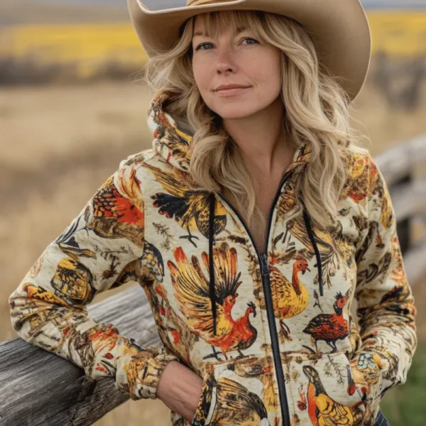 Women's Vintage Western Cowboy Turkey Printed Thanksgiving Zipper Hat Hoodies - Wayrates.com 