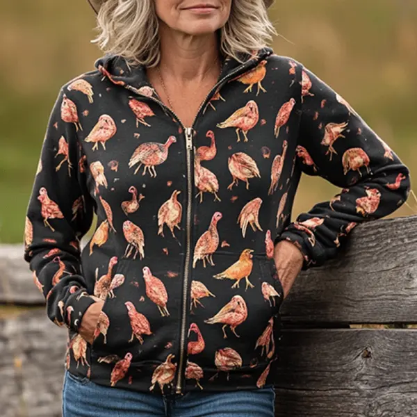 Women's Vintage Western Cowboy Turkey Printed Thanksgiving Zipper Black Casual Jacket - Wayrates.com 