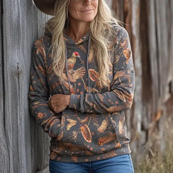 Women's Vintage Western Cowboy Turkey Printed Thanksgiving Gray Hoodies - Cotosen.com 