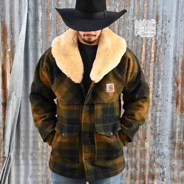 Men's Vintage Plaid Fleece Lapel Collar Outdoor Wool Jacket Coat - Wayrates.com 