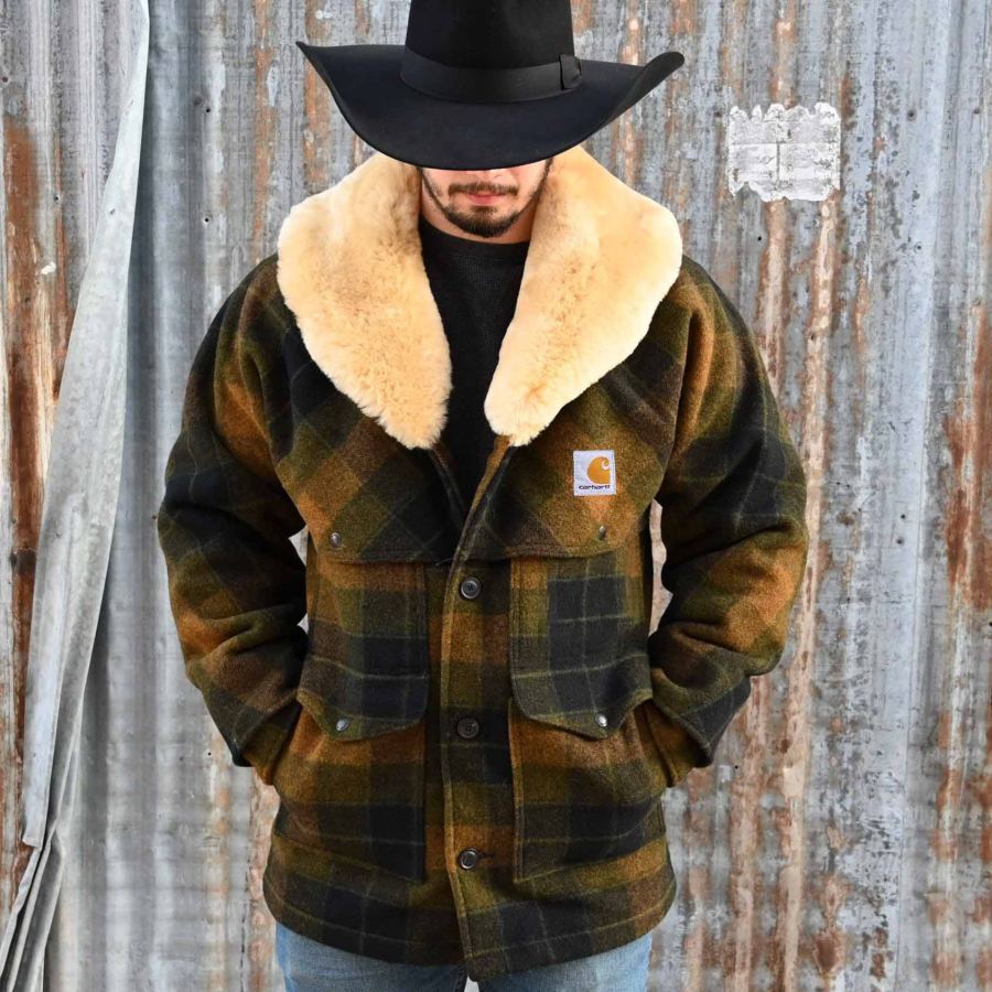 

Men's Vintage Plaid Fleece Lapel Collar Outdoor Wool Jacket Coat
