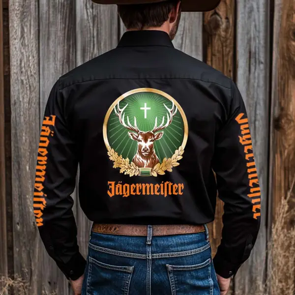 Men's Western Cowboy Outdoor Deer Liqueur Print Long Sleeved Black Shirts - Wayrates.com 