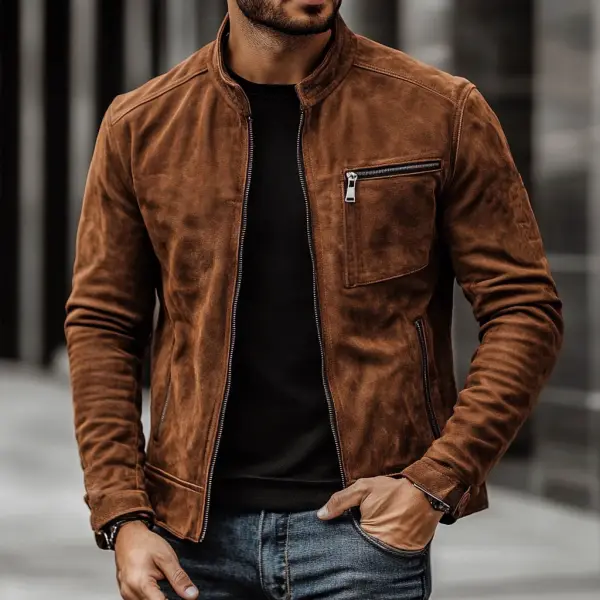 Men's Vintage Suede Zipper Pocket Stand Collar Outdoor Motorcycle Jacket - Menzfolk.com 