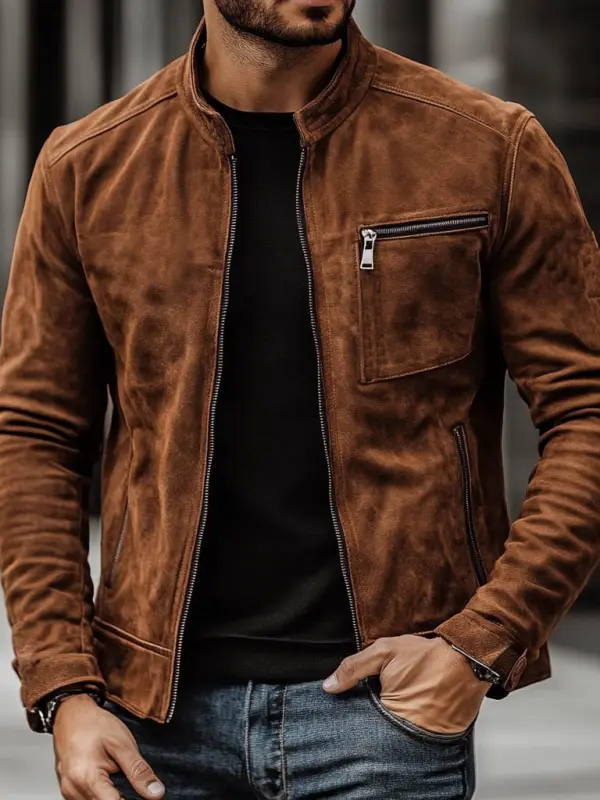 Men's Vintage Suede Zipper Pocket Stand Collar Outdoor Motorcycle Jacket - Menwyx.com 