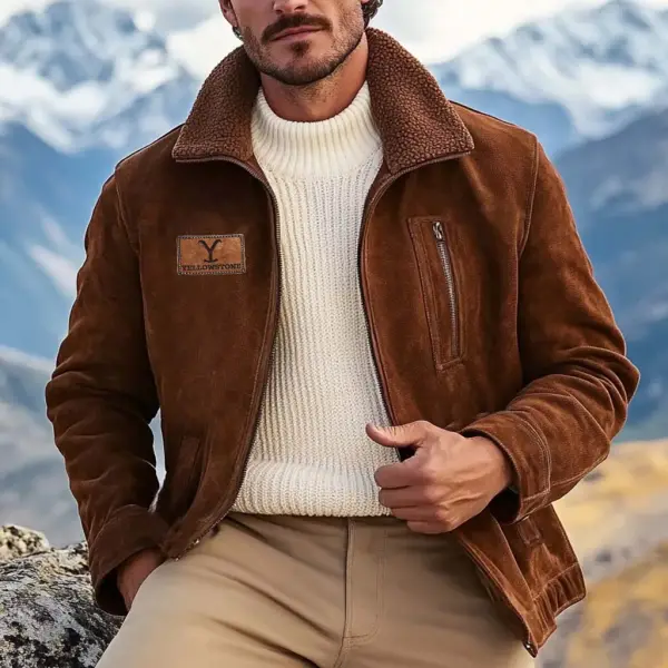 Men's Vintage Western Yellowstone Suede Multi-Pocket Fleece Lapel Collar Outdoor Motorcycle Jacket - Wayrates.com 