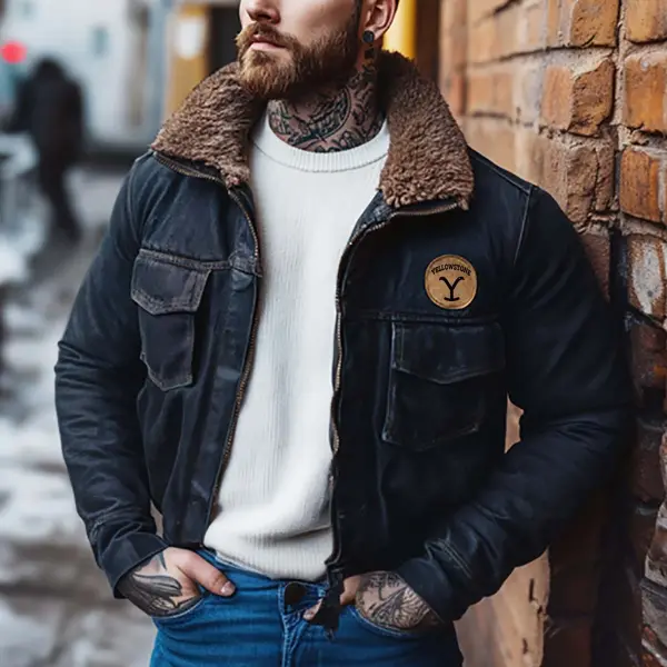 Men's Vintage Western Yellowstone Multi-Pocket Fleece Lapel Collar Outdoor Motorcycle Denim Jacket - Wayrates.com 