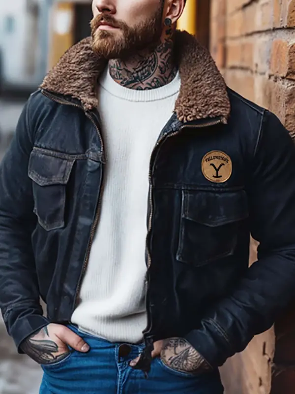 Men's Vintage Western Yellowstone Multi-Pocket Fleece Lapel Collar Outdoor Motorcycle Denim Jacket - Menwyx.com 