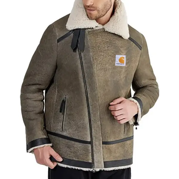 Men's Vintage Leather Multi-Pocket Fleece Lapel Collar Outdoor Motorcycle Wool Jacket - Wayrates.com 