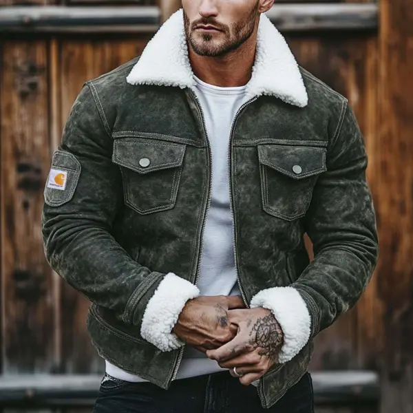 Men's Vintage Suede Multi-Pocket Fleece Lapel Collar Outdoor Motorcycle Jacket - Wayrates.com 