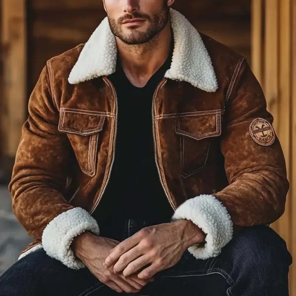 Men's Vintage Western Yellowstone Suede Multi-Pocket Fleece Lapel Collar Outdoor Motorcycle Jacket - Menzfolk.com 